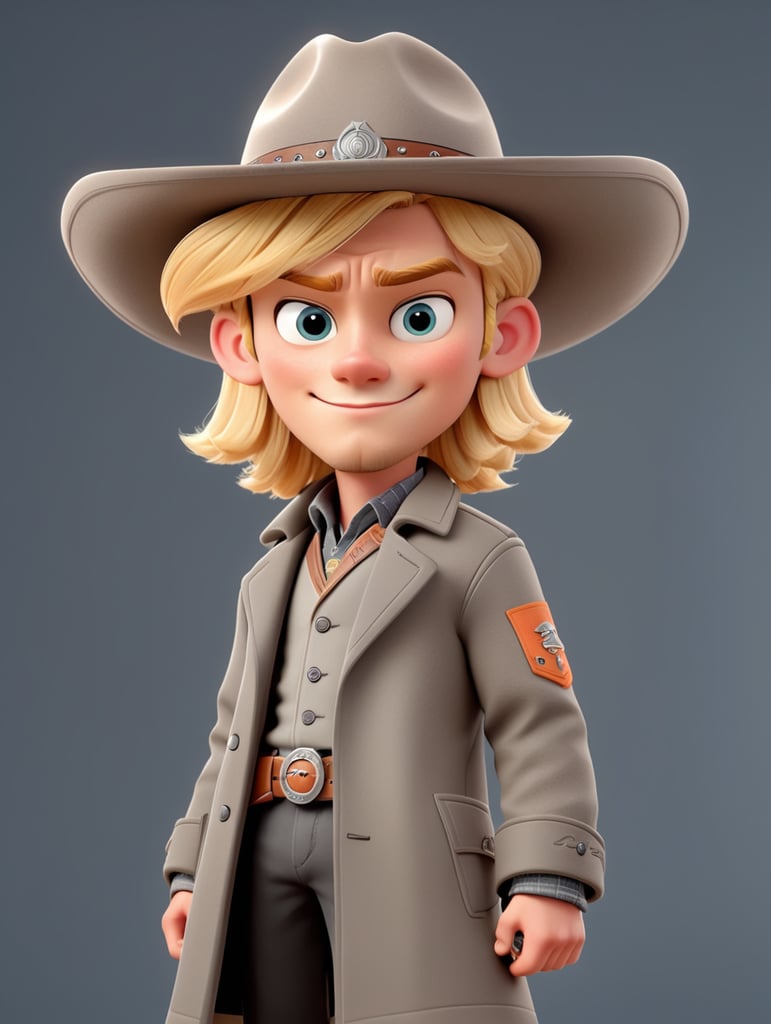 Handdraw, young blond men, modern western outfit, longcoat grey , melon hat grey, revolver on belt, portrait