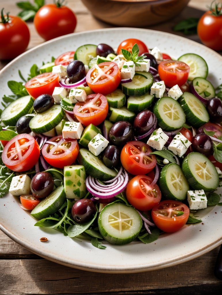 Greek Salad, small plate on a wooden table, Description: A refreshing Mediterranean salad with cucumbers, tomatoes, red onions, Kalamata olives, and feta cheese, drizzled with olive oil and sprinkled with oregano.