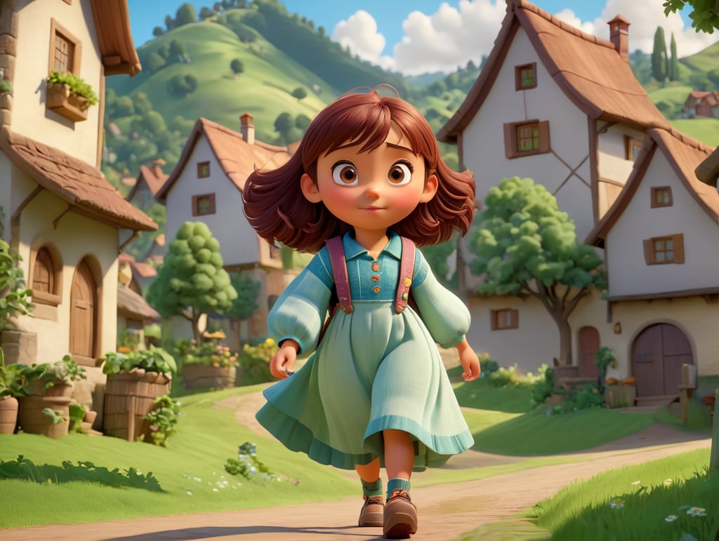 Show the young protagonist, Mia, with a kind and compassionate expression on her face, walking in a picturesque village nestled between rolling hills and lush forests, animated Pixar style, high-quality image, illustration, 4k, 3D