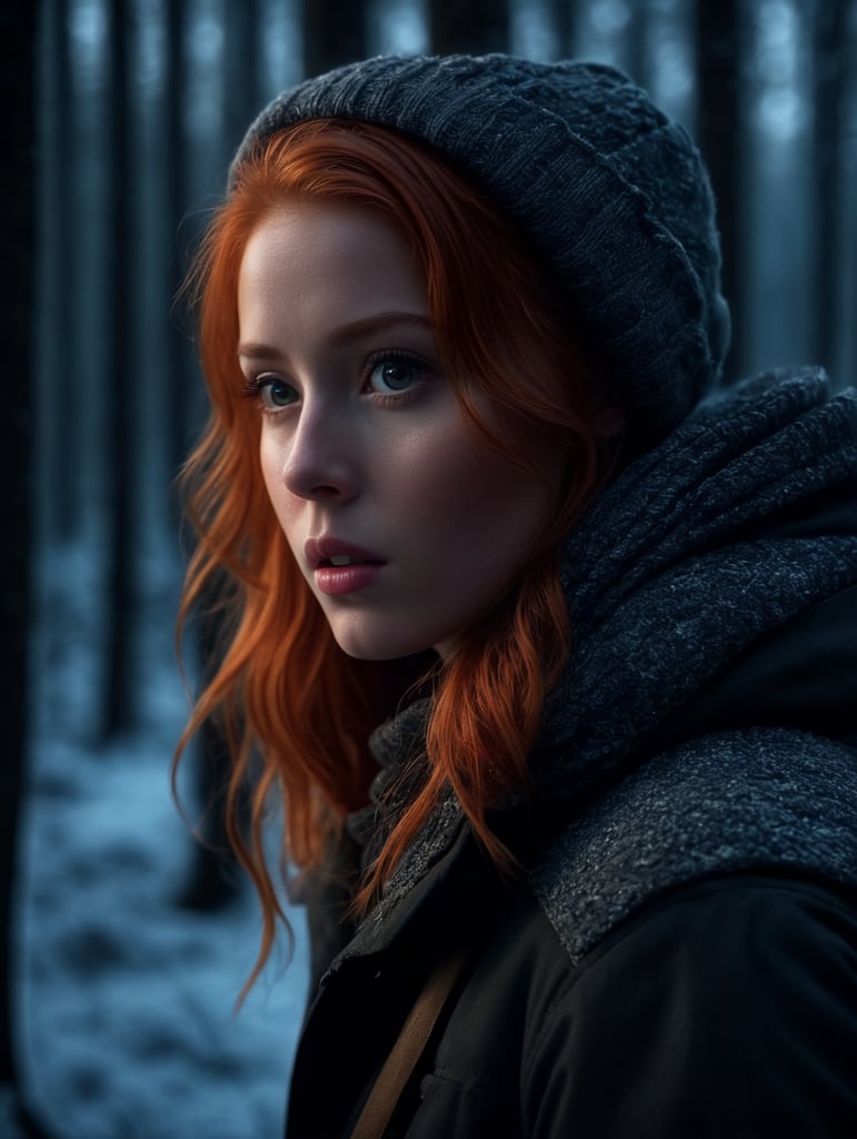 a red-haired girls lost in the woods. it's night time. she is dressed in winter clothes.