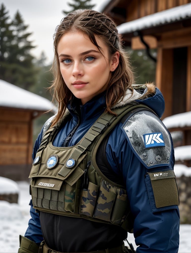 (photorealistic), beautiful lighting, best quality, realistic, full body portrait, real picture, intricate details, depth of field, 1girl, in a cold snowstorm, A very muscular solider girl with haircut, wearing winter camo military fatigues, camo plate carrier rig, combat gloves, (magazin pouches), (kneepads), highly-detailed, perfect face, blue eyes, lips, wide hips, small waist, tall, make up, tacticool, Fujifilm XT3, outdoors, bright day, Beautiful lighting, RAW photo, 8k uhd, film grain, ((bokeh))