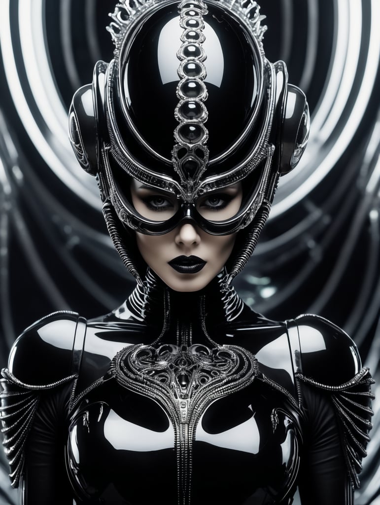 h.r. giger prometheus albine model octoupus skin queen with crown futuristic glass black suit elegant scene futuristic glass design glass melting mask traslucent half mask glass vr and helmet fashion photography, sharp, small spheres floating background, editorial photography