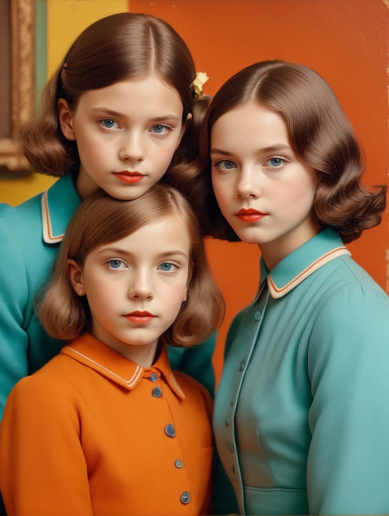 Vintage portrait of two girls, Wes Anderson style, Incredibly high detail, Bright colors