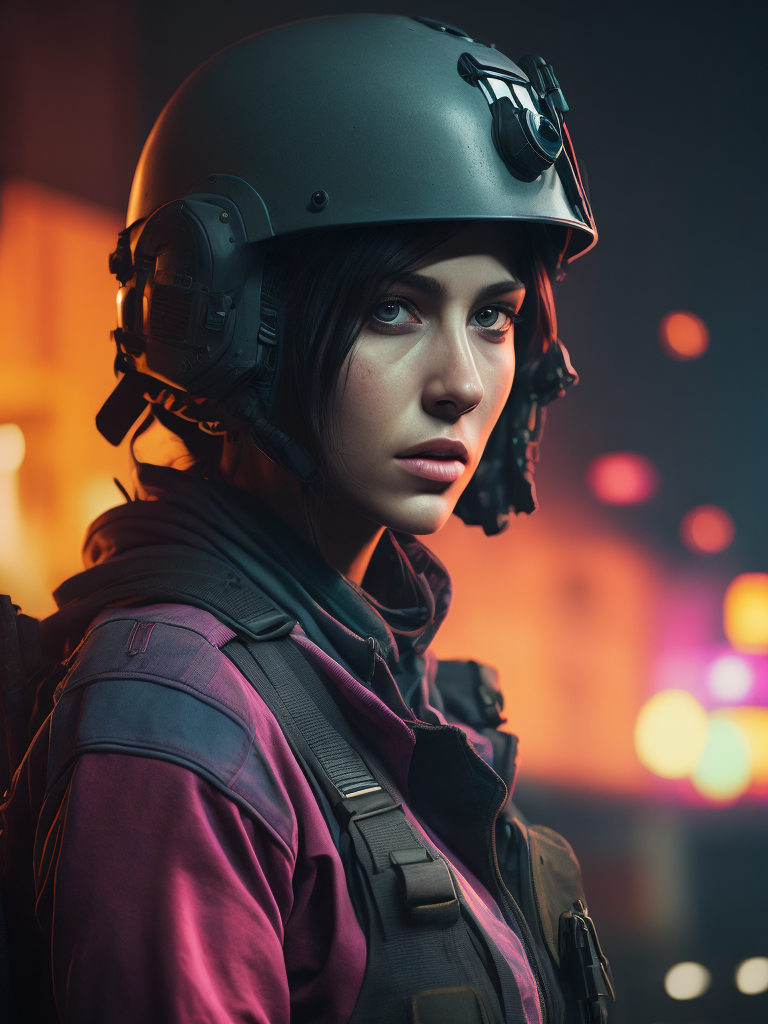 terrorist girl from counter strike game with ak-47 and helmet, ultra realism, super detailed, neon colors, magazine cover, professional shot, magazine photography, bright saturated colors, sharp focus, highly detailed