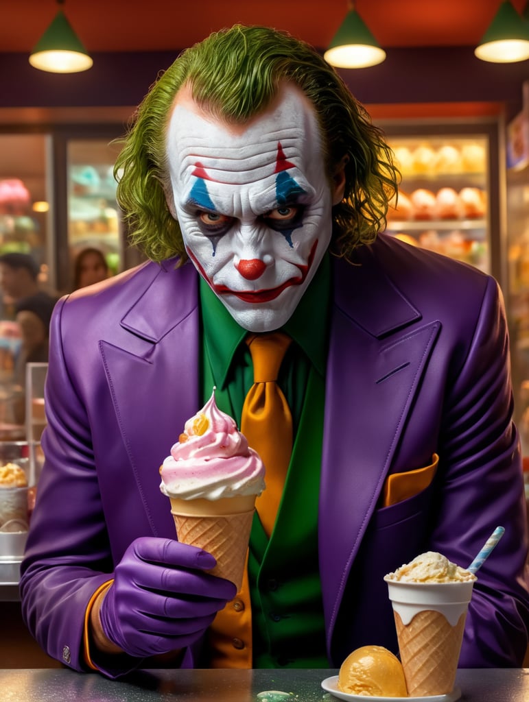 A portrait of the joker looking sad in an ice cream shop, in the style of a cartoon, bright and saturated colors, depth of field