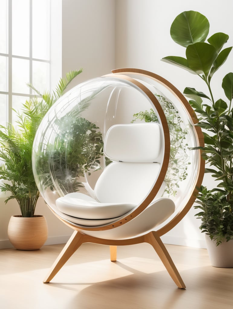 Futuristic sci-fi pod chair, flat design, product-view, exclusive photography, transparent orb, natural lighting, plants around, natural daytime lighting, natural wooden environment