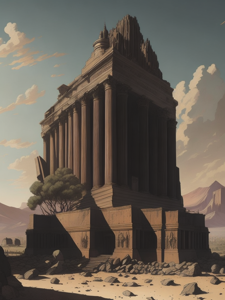 the parthanon designed by Giorgio de Chirico old and crumbling, ancient ruin Remnants of a futuristic highly developed society, machine-like lines, poster art style, magic atmosphere, desertcore, grimdark, drawn and colored by Michael Whelan, ink marks, fine lines, bold painterly brush strokes