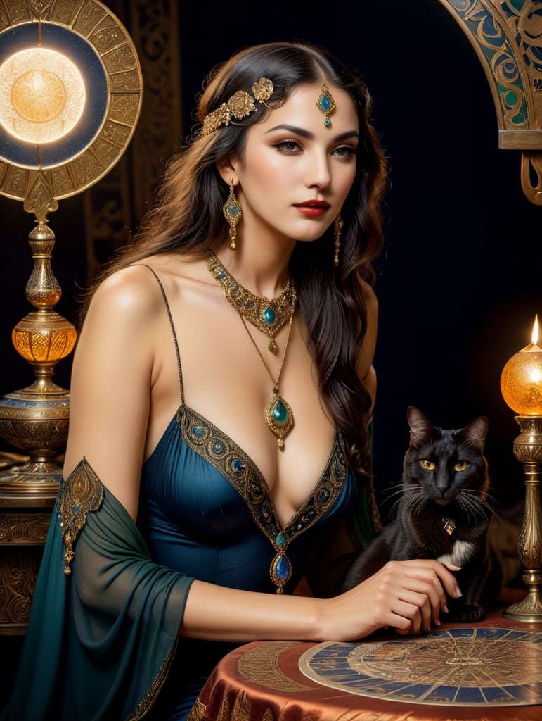 Rolf Armstrong, Edmund Dulac, art nouveau, 1920s vintage style, crisp details. Insanely detailed, dynamic pose, fairytale, nighttime, very beautiful Spanish gypsy fortune teller sitting at table with tarot cards, black cat, mysterious, gypsy caravan, intricate details, long hair, hypnotic eyes, perfect face, jewel tone colors, exquisite craftsmanship, oil paint