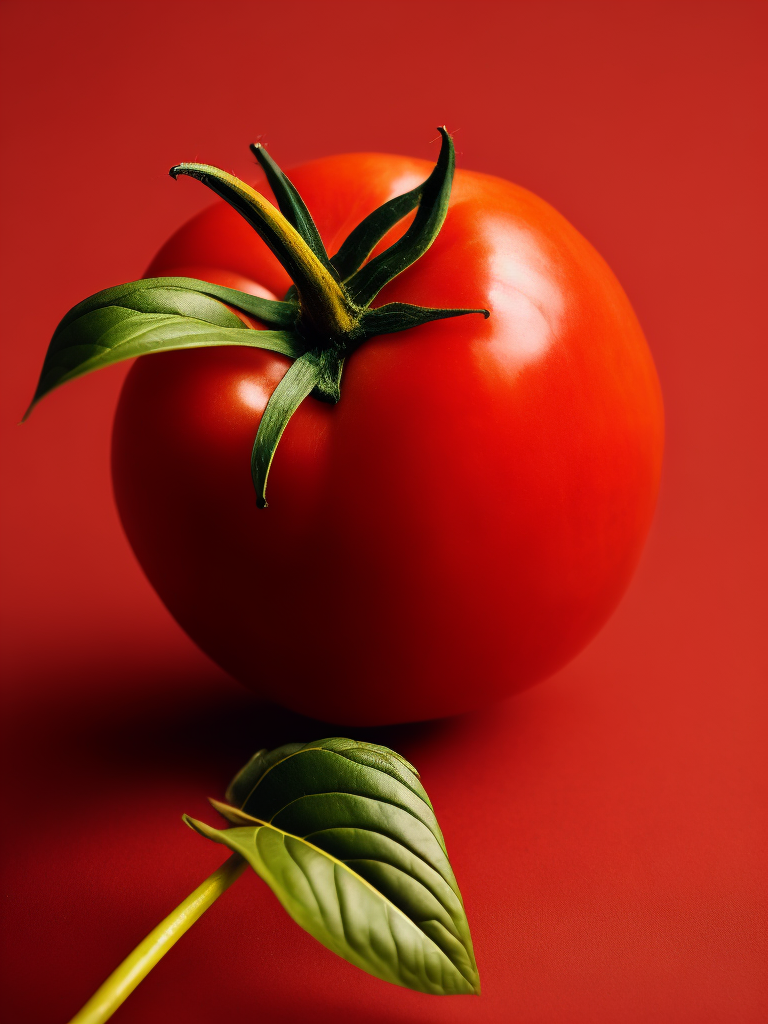 one tomato on a red background, highly detailed macro photo, magazine cover photo