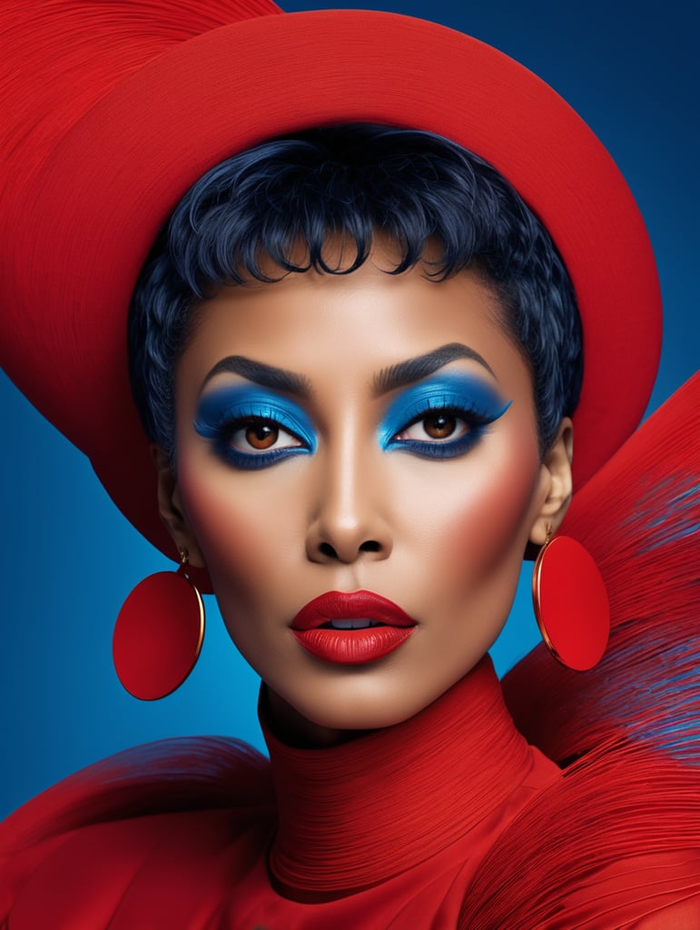 Donyale luna, avant-garde, simplygo, photoshoot spread, dressed in all red, blue background, harpers bizarre, cover, headshot, hyper realistic