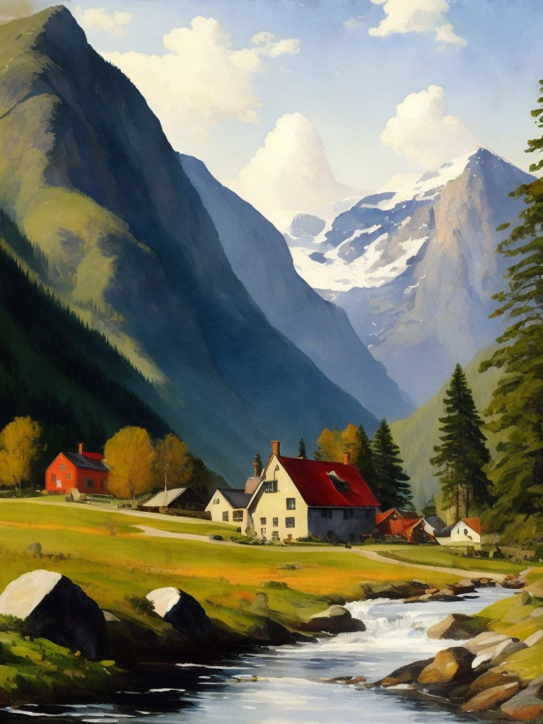 Landscape with a Norwegian village in the mountains, a mountain river, painting, oil, watercolor, Landscape, style of Gifford Beal