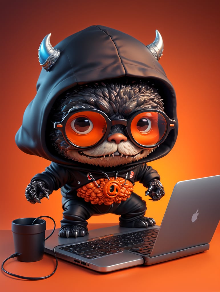 mascot monster typing laptop, a cute mascot character wearing black hoodie and glasses, orange color, funko pop, vibrant gradient background,