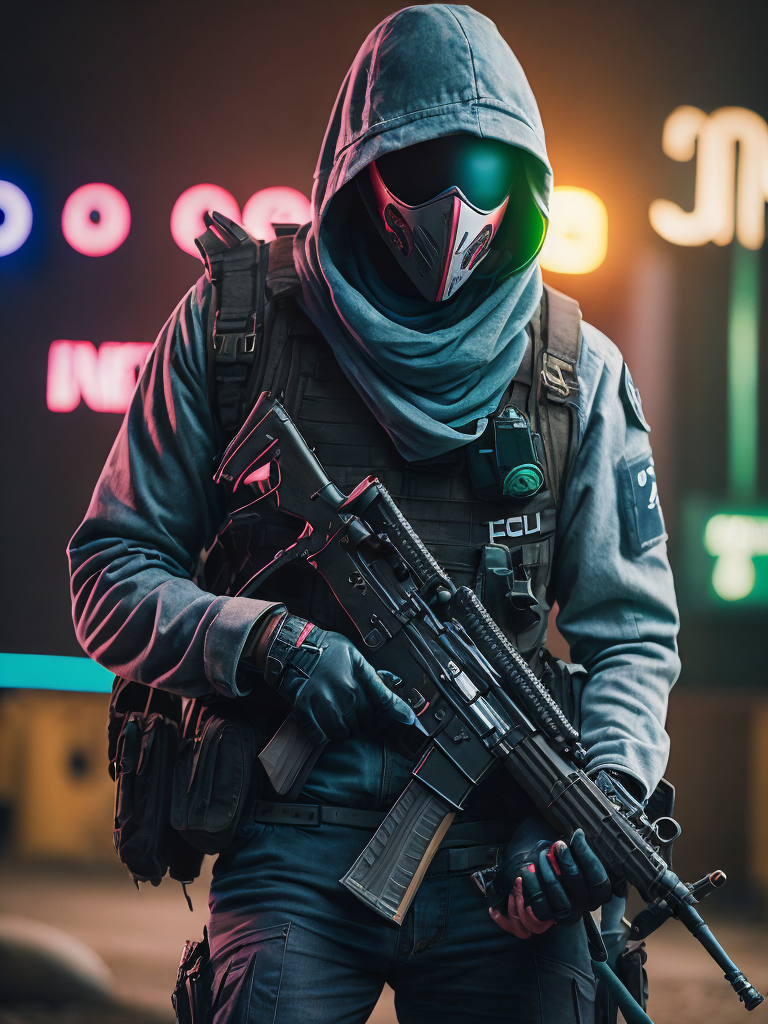 terrorist man with mask from counter strike game with ak-47, ultra realism, super detailed, neon colors, magazine cover, professional shot, magazine photography, bright saturated colors, sharp focus, highly detailed