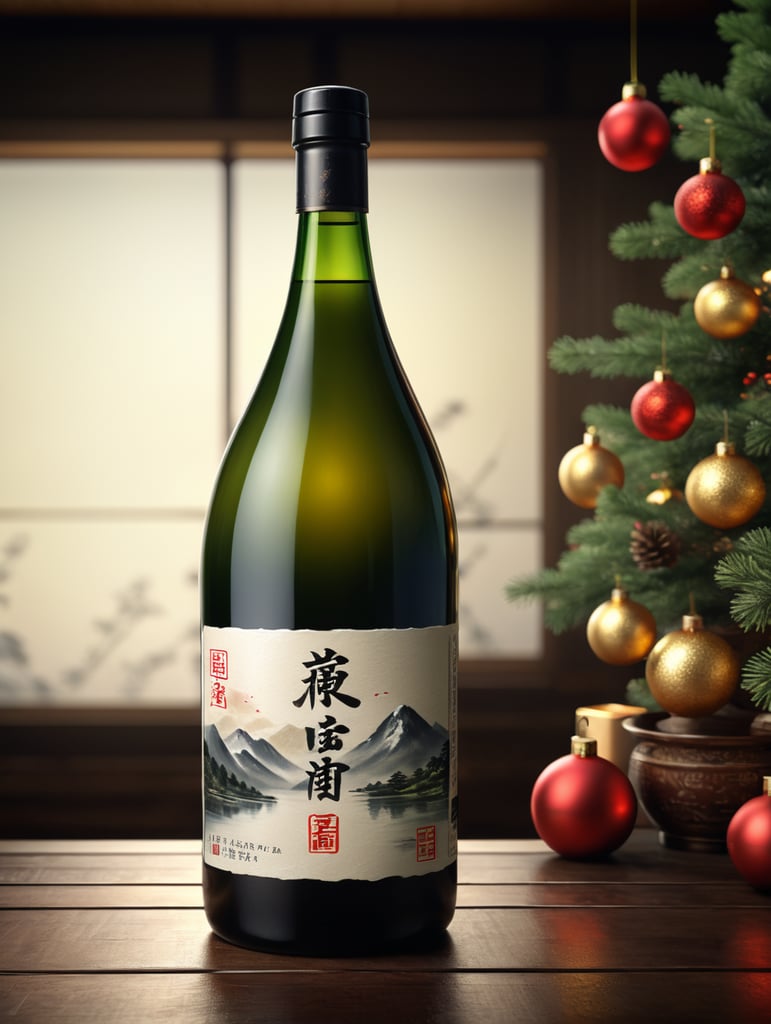 Realistic bottle of Sake, high-quality rendering, detailed label, elegant glass material, soft ambient lighting, reflective surface, christmas background, 4K resolution, ideal for online presentation