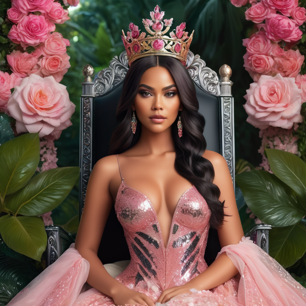 photo of a beautiful female queen who looks like Lalisa Manoban, sitting on a throne in a corner of the rose garden in a cool tropical forest, detail of her beautiful chubby face with perfect make-up, wearing a luxurious holographic sequin dress with floral patterns, straight black-pink ombre hair, wearing a crown, body detail perfectly proportional, perfect lighting, perfect anatomy, photorealism, hyperdetailed, hyperrealistic, masterpiece, HD 8K resolution
