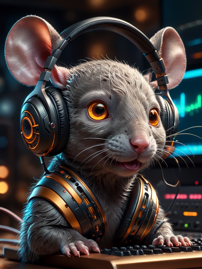 The mouse may be wearing headphones, with its head tilted to one side, listening intently to the music. The computer may be open to a lofi music page, with a playlist playing.