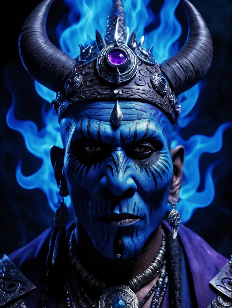 a witch doctor wearing a voodoo mask, surrounded by blue and purple flames, high quality cinematic lighting, fantasy, magical, dreamy, unique