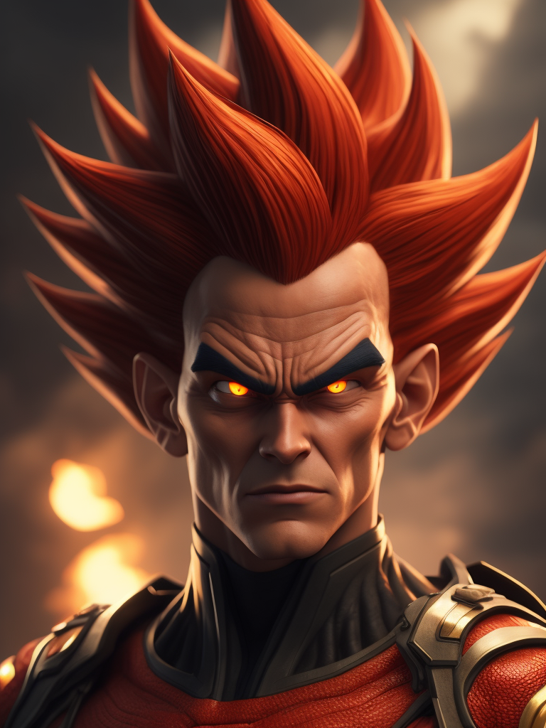 a red son from monkie kid, realistic, red hair, similar to Vegeta (Dragon Ball Z)
