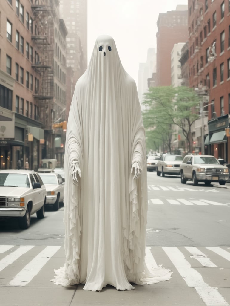 Very creepy realistic ghost standing in the street, new york city, portra 400, vintage photo