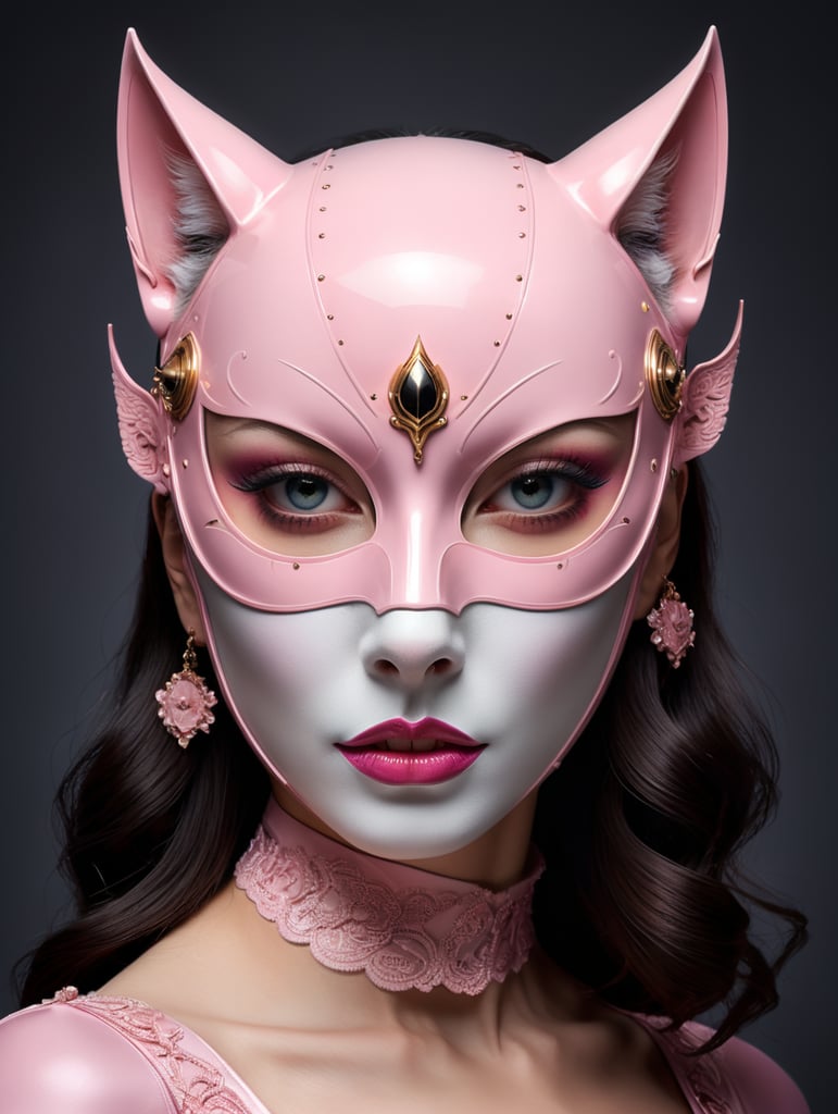 Close up portrait photography, of a gorgeous lady, wearing a pink cat woman mask, 80 degree view, art by sergio lopez, natalie shau, james jean and salvador dali