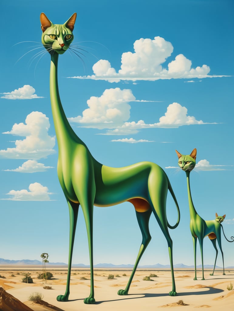 Green cats with very long, thin legs. Painted in the style of Salvador Dali. Blue sky.