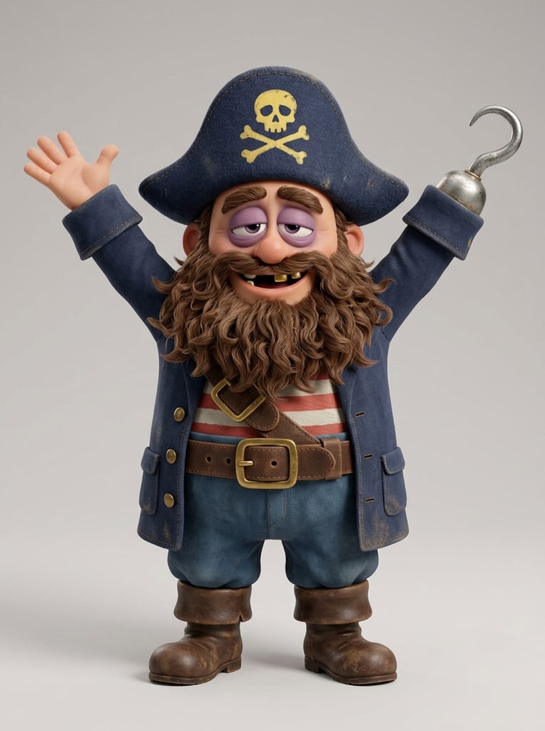 Stylized 3D render of a stout, pill-shaped pirate character with raised arms on a plain background. He wears a blue coat, brown boots, and a blue bicorne hat with a yellow skull. Features include a thick brown beard, heavy purple eyelids, and a hook for a right hand. Soft studio lighting illuminates the smooth matte textures.