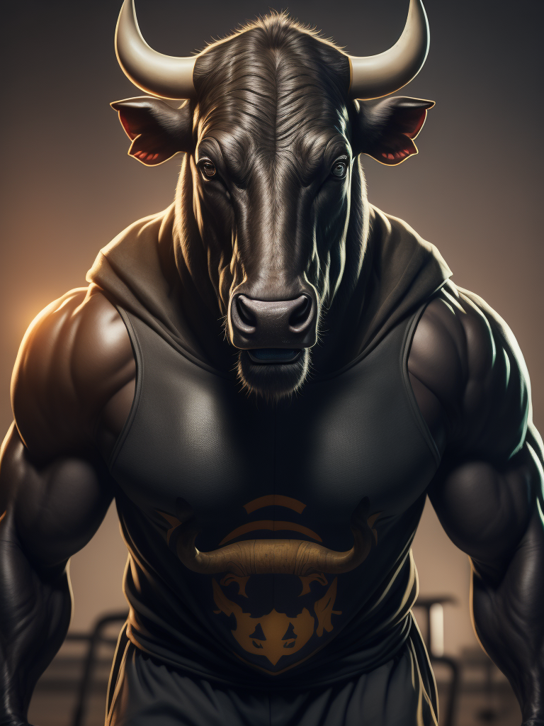 Bull look like a human stylized as a sport coach with whistle and t-shirt in the gym