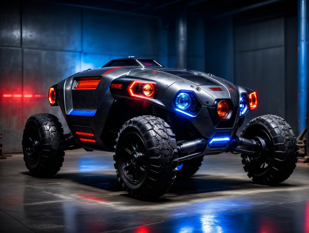 A matte dark grey futuristic small mining robot with treaded tyres, in an empty hangar with blue and red neon lights in a blurry background.