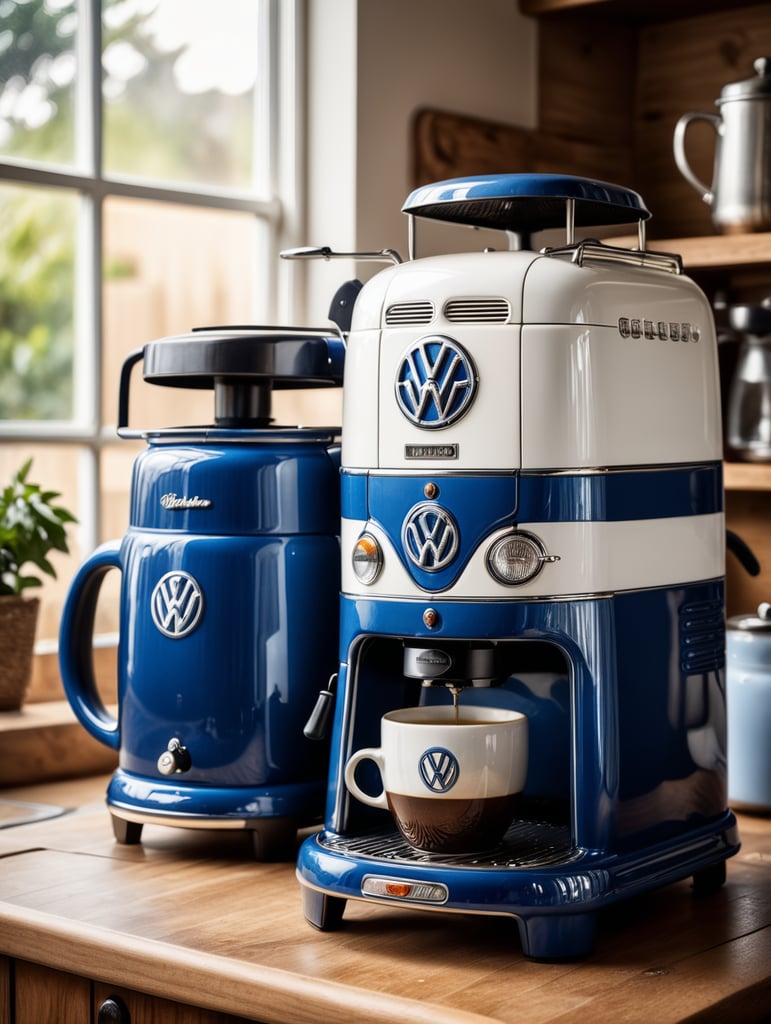 a vintage coffee maker shaped like a blue and white volkswagen kombi, grain grinder on top, coffe mug, kitchen, realistic