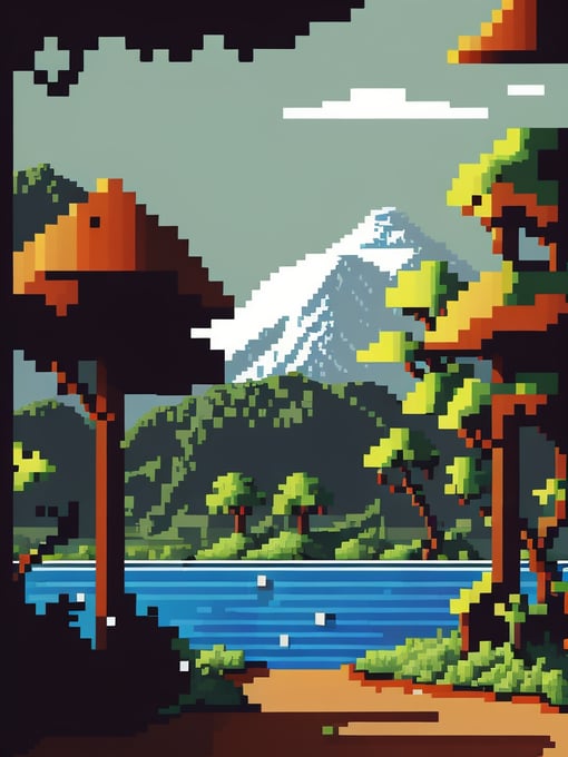 Landscape, pixel art, big pixels, square pixels, vector