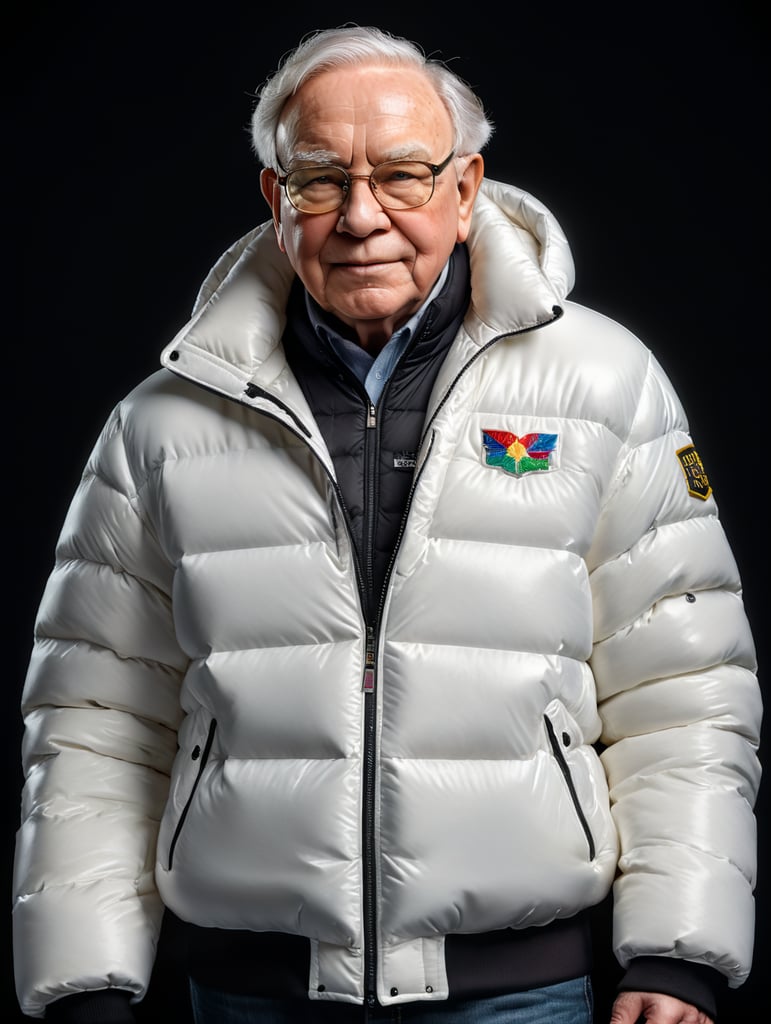 Professional photo glamour of Warren Buffet looking stylish in a white puffer jacket