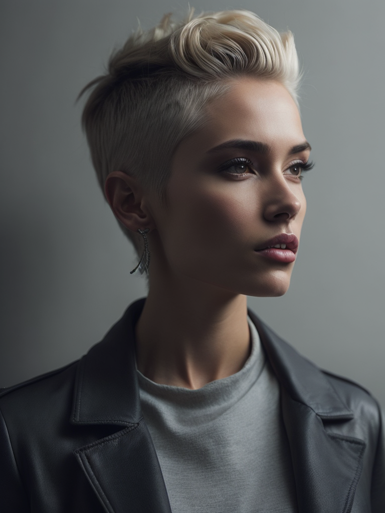 a 42 yo woman, blonde, (hi-top fade:1.3), dark theme, soothing tones, muted colors, high contrast, (natural skin texture, hyperrealism, soft light, sharp)