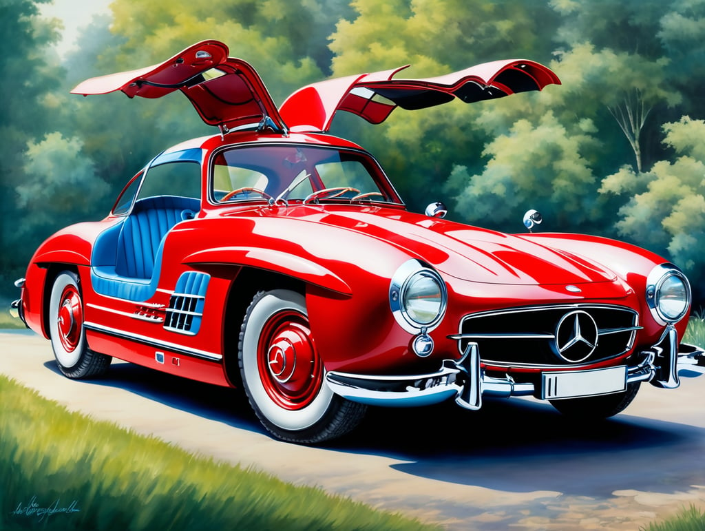 Red Mercedes 300SL Gullwing with doors open and blue interior, in the style of a Tim Layzell painting