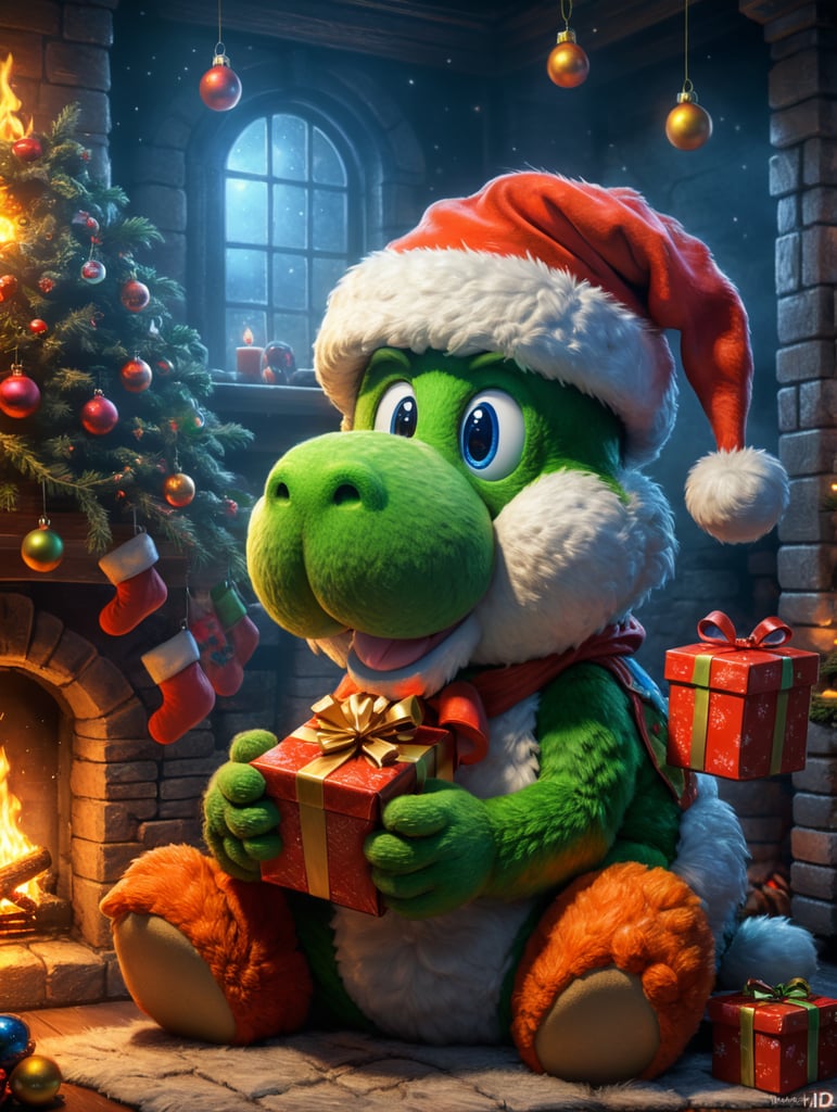 Original Nintendo Yoshi sitting by a fireplace holding a christmas gift