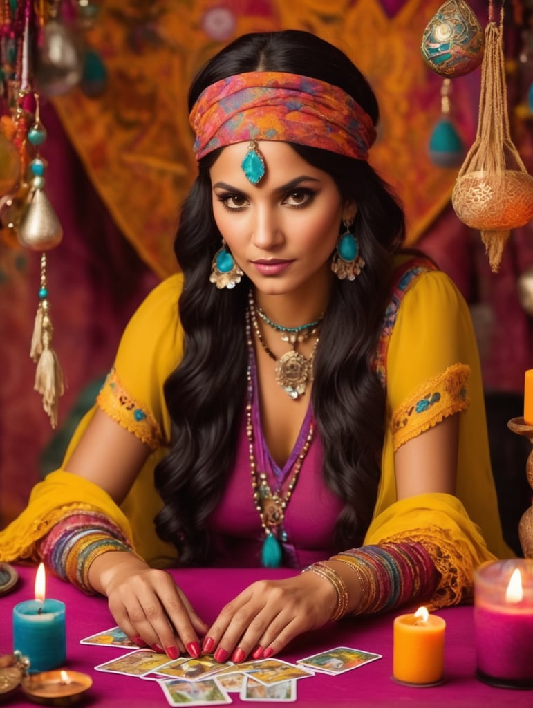 Latina Gypsy Fortuneteller bright colors tarot cards folkloric