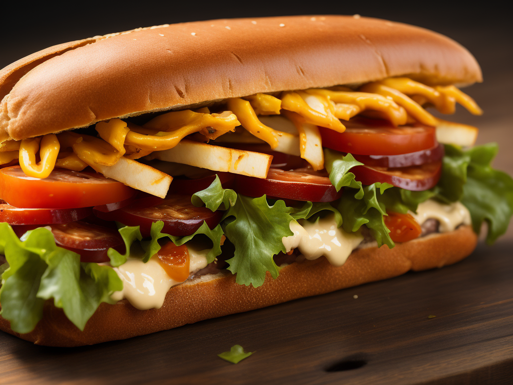 a sub sandwich with lettuce, tomato, and cheese, a stock photo by Renoir, shutterstock, rayonism, stockphoto, stock photo, sabattier filter