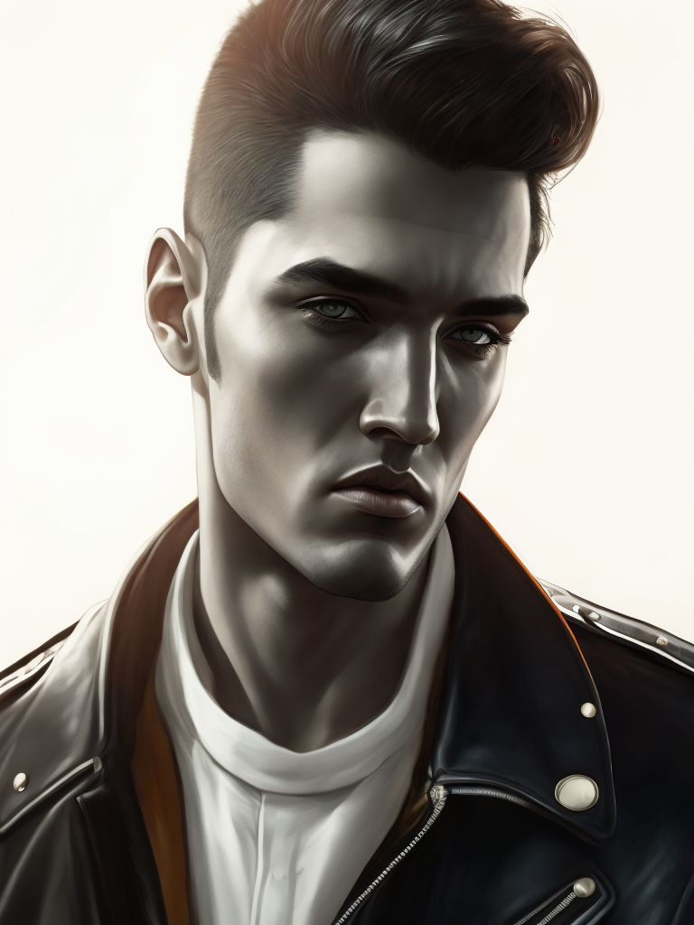 Portrait of a man with a haircut like Elvis Presley, leather jacket, black and white
