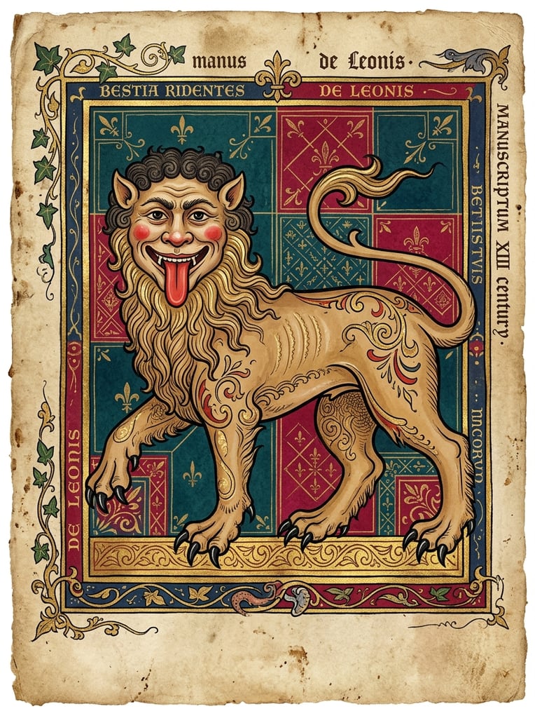 A medieval illuminated manuscript drawing of a tan, lion-like beast with a grinning human face, sticking-out red tongue, and rosy cheeks, featuring stylized wavy fur and sharp black talons against a flat, color-blocked backdrop of deep teal and crimson.