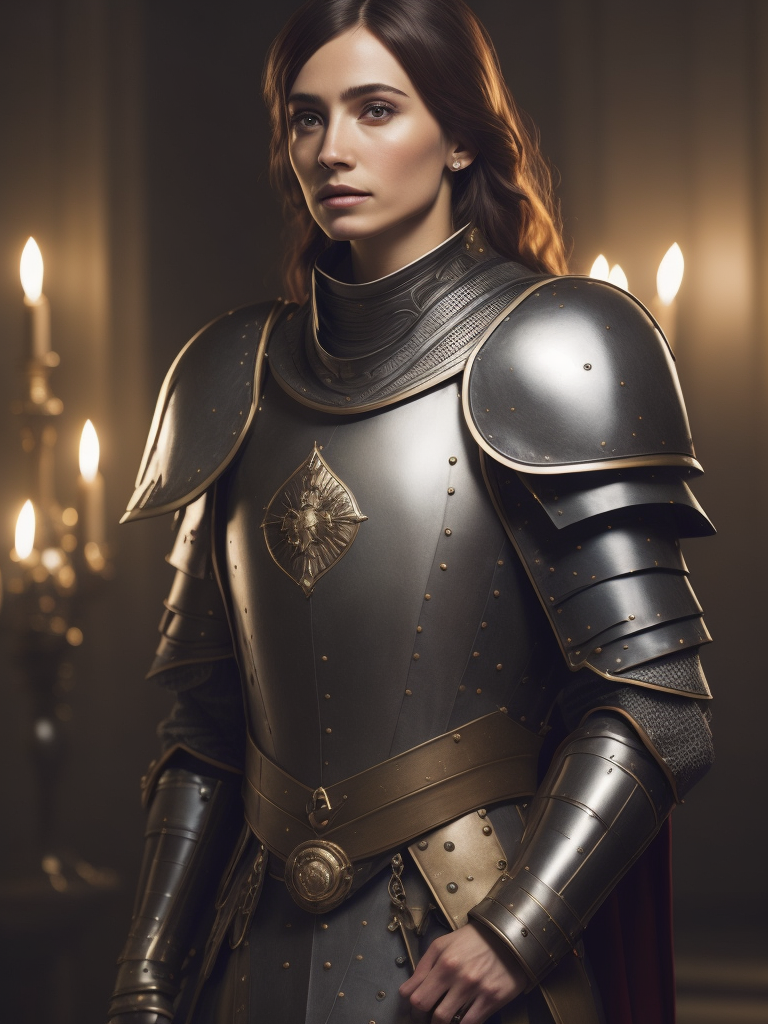 Joan of Arc, Medieval France, Petite and Lean, Armor with a White Surcoat and Cross, Adobe Photoshop, Realistic Digital Painting, Historical Portrait, High Resolution, Warm Candlelight, Symbolic Art, Brave, Resolute Expression, Inspirational Atmosphere