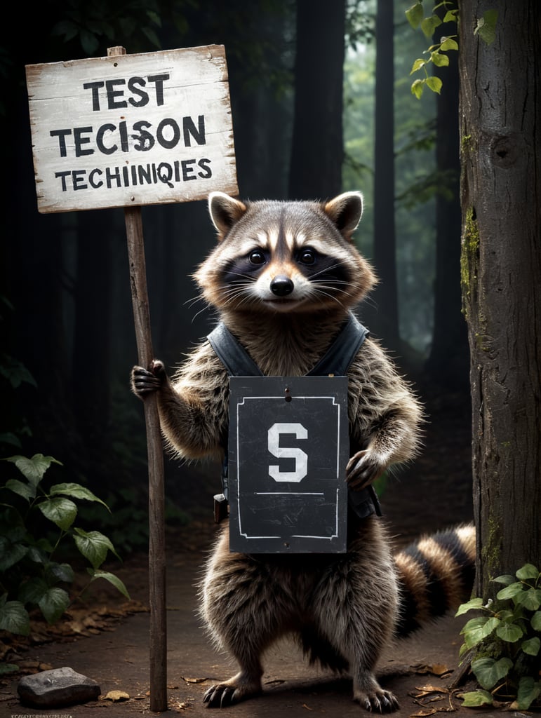 A raccoon holds up a sign that reads "Техники тест-дизайна"