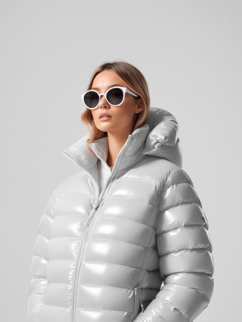 Inflatable white minimalist women's puffer jacket, wearing sunglasses, transparent, isolated, grey background, mockup