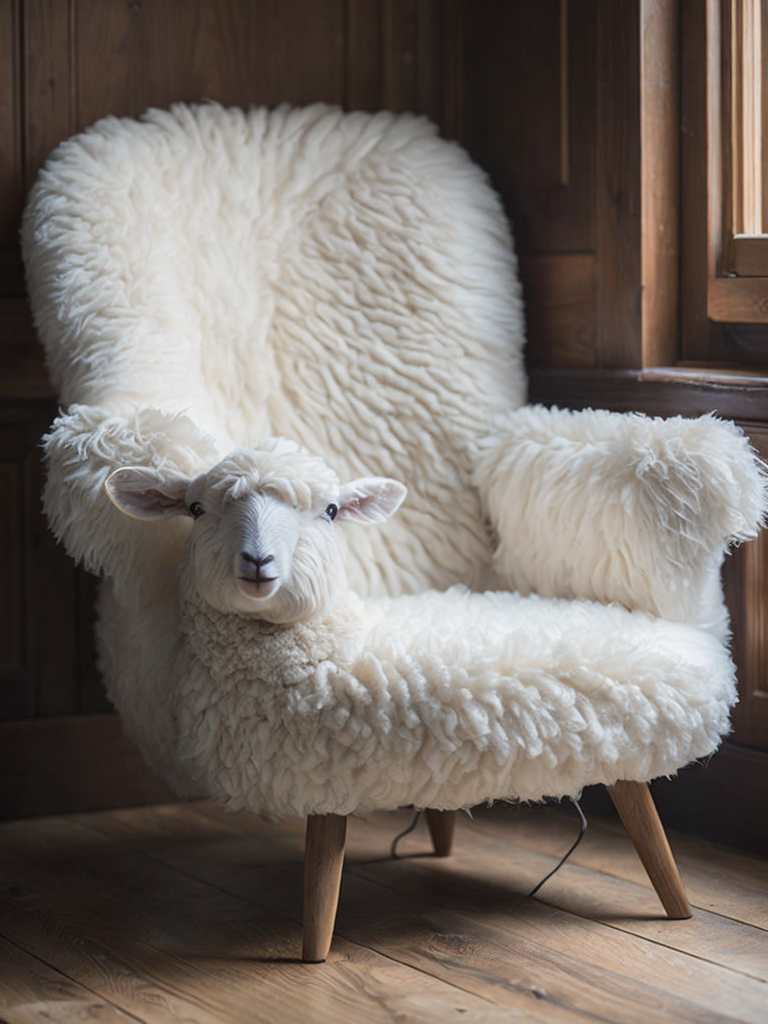 a white soft sheep chair, wood carved head and legs of the sheep, body is white wool