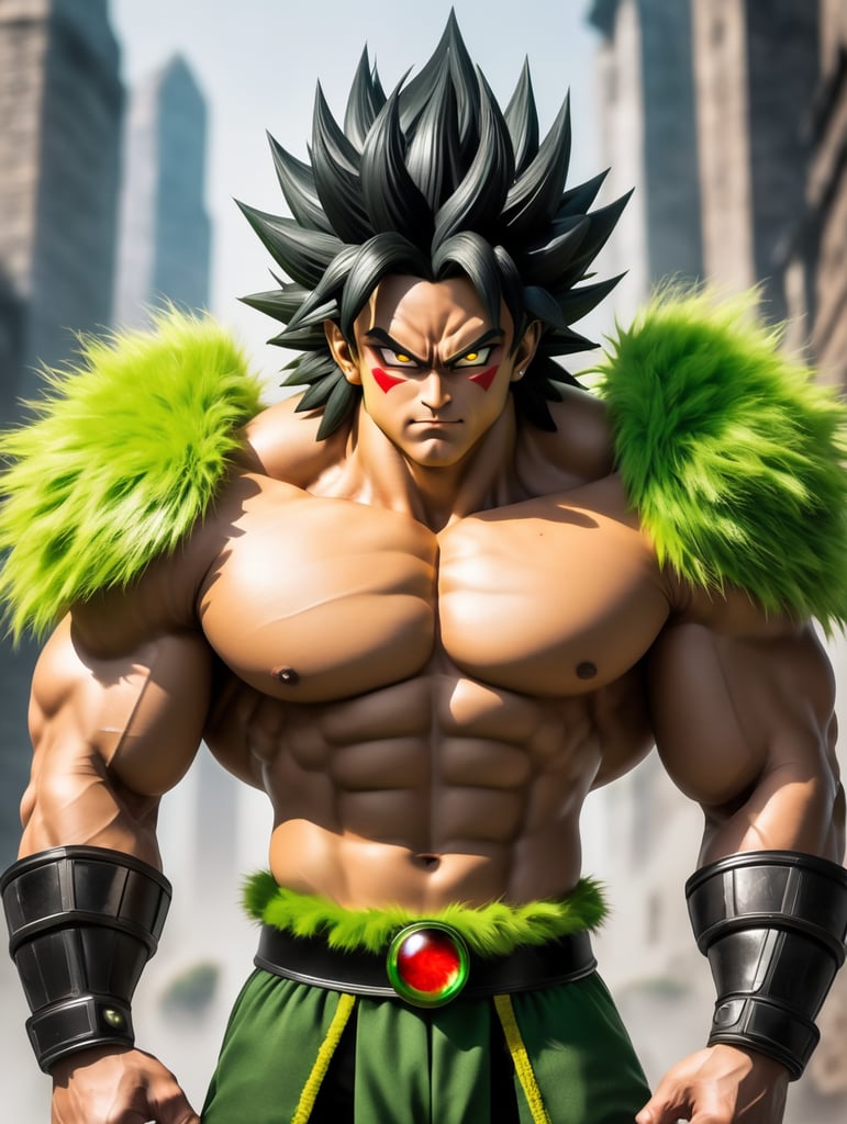 Broly is a large, muscular Saiyan with a light skin complexion. He has black, spiky hair that reaches his mid-back, and short bangs framing his forehead. His eyes are a dark green color. Broly's head is his most distinctive feature. It is large and round, with a single, red eye in the center. The eye is surrounded by a yellow ring, and there is a small, black dot in the center of the ring. Broly's forehead is covered in a series of ridges, and he has two antennae that extend from his forehead. Broly's body is covered in a layer of green fur. He has four arms and four legs, and his muscles are well-defined. He has a tail that is about the same length as his body. Broly's skin is a light shade of green. His hair is black, and his eyes are dark green. His fur is also green.