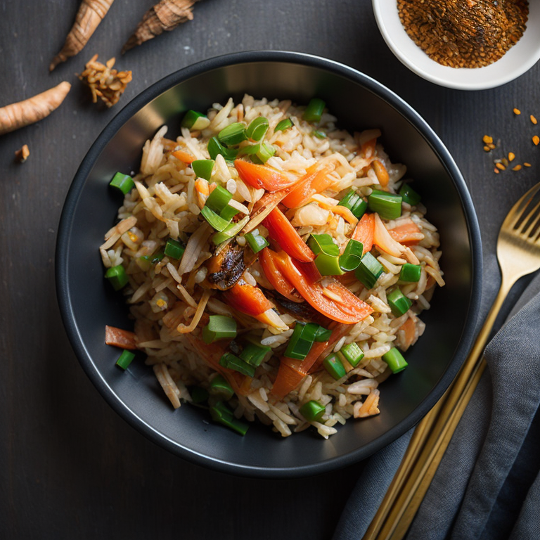 top view, thai style fried rice, shredded chicken, diced carrots, red pepper, green onions, bamboo shoot strips, chilli flakes, ginger, thai basil, unreal engine 5, very realistic, very detailed, realistic photography, 4k, 85 – mm – lens, sharp – focus, intricately – detailed, f 8, ISO 100, shutter – speed 1 125, diffuse – back – lighting, award – winning photograph, elle, small – catchlight, low – contrast, High – sharpness, depth – of – field, ultra – detailed photography, raytraced, global illumination