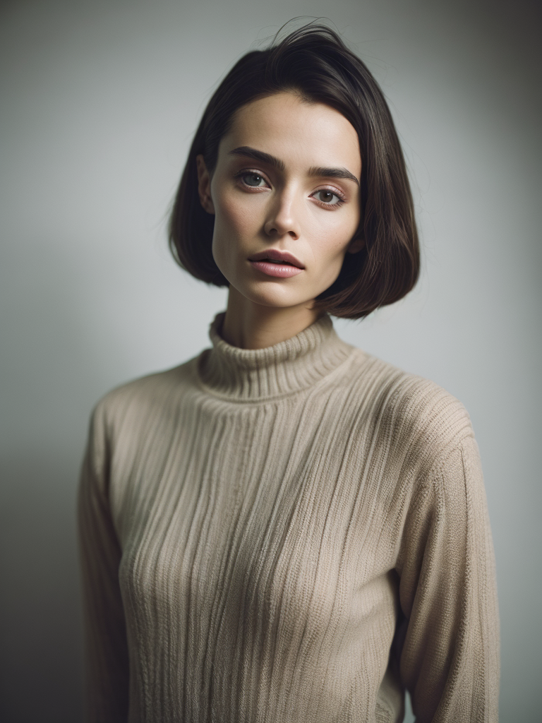Portrait of twenty years old girl, tight-fitting figure, slim and skinny, thin knitted sweater and narrow tight trousers, 1964 year, sixties, light and pastel colours, 8k, kodak film colour, 50mm lens, fujifilm, sharp focus