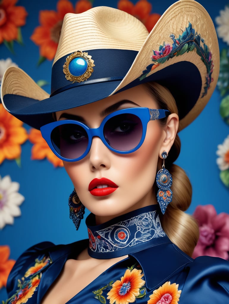 Medium-full shot, profile half body photography, in the office, a punk 80's model woman with dramatic makeup and a 50's cowboy hat, wearing a deep blue, vibrant, detailed embroidered dress, large sunglasses, 80 degree view, art by sergio lopez, natalie shau, james jean, salvador dali.