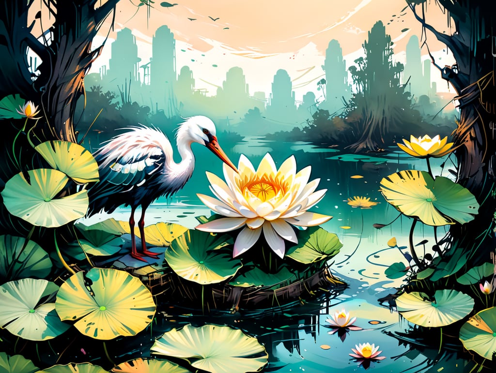 Водяная лилия. Книга. Болото. Аист в гнезде