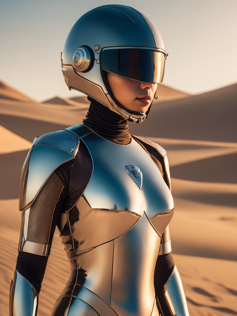 Cyber girl wearing chrome helmet, shining reflections, walking in the desert, photorealistic, hyperdetailed, dune atmosphere