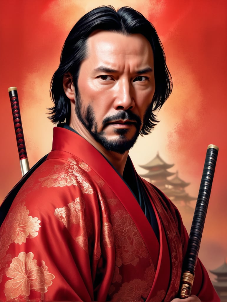 Portrait of Keanu Reeves as a samurai in a red kimono, serious look, detailed background in an oriental style, bright saturated colors