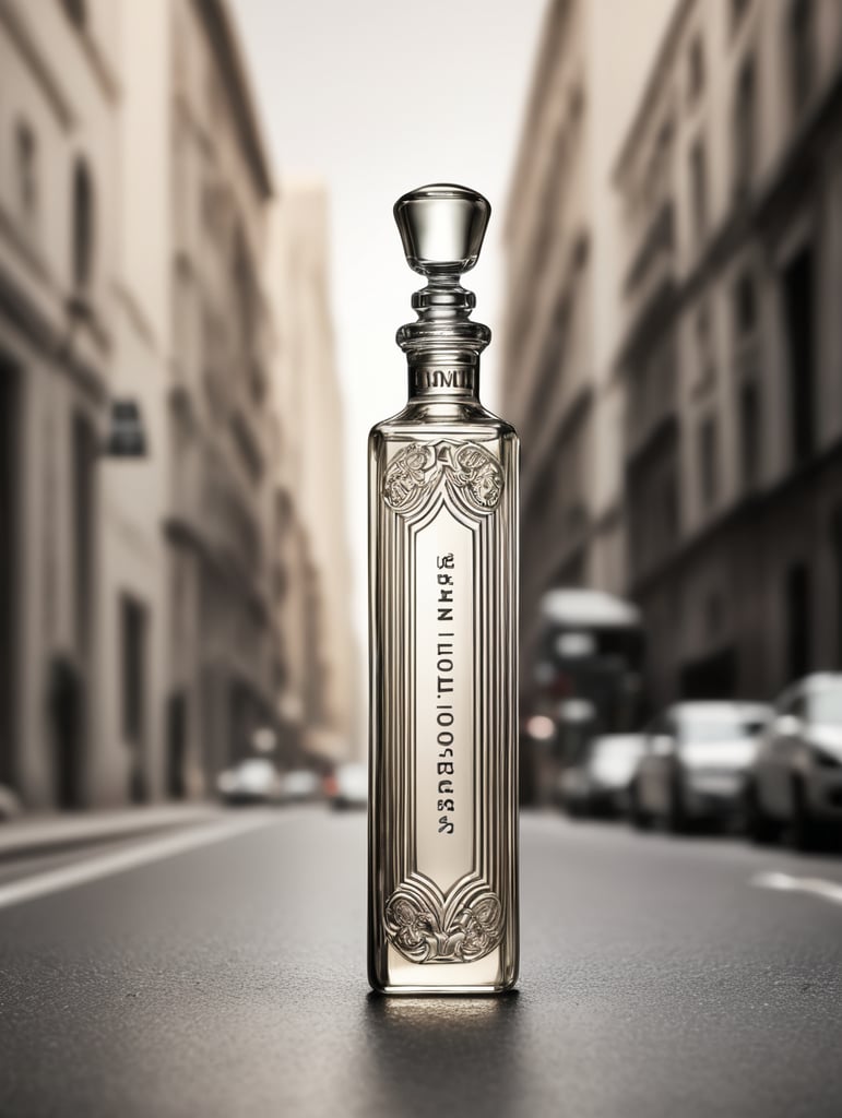 botella de perfume muy alta y esbelta con tag street, monocromatico en alto relieve